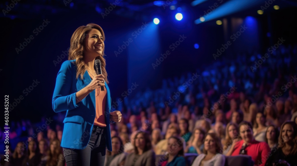 © AS Photo Family - Exited woman motivational speaker on stage. Diversity, Success, Leadership, STEM concept. Generative AI.
