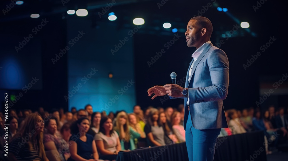 Fototapeta premium African american man motivational speaker on stage, talking about success and leadership. Generative AI.
