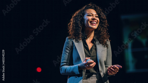 Exited woman motivational speaker on stage. Diversity, Success, Leadership, STEM concept. Generative AI. photo