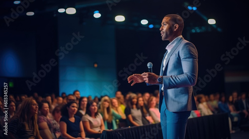 African american man motivational speaker on stage, talking about success and leadership. Generative AI. © AS Photo Family