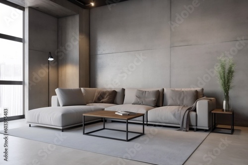 interior couch apartment indoor living room decor simple cushion lounge room. Generative AI.