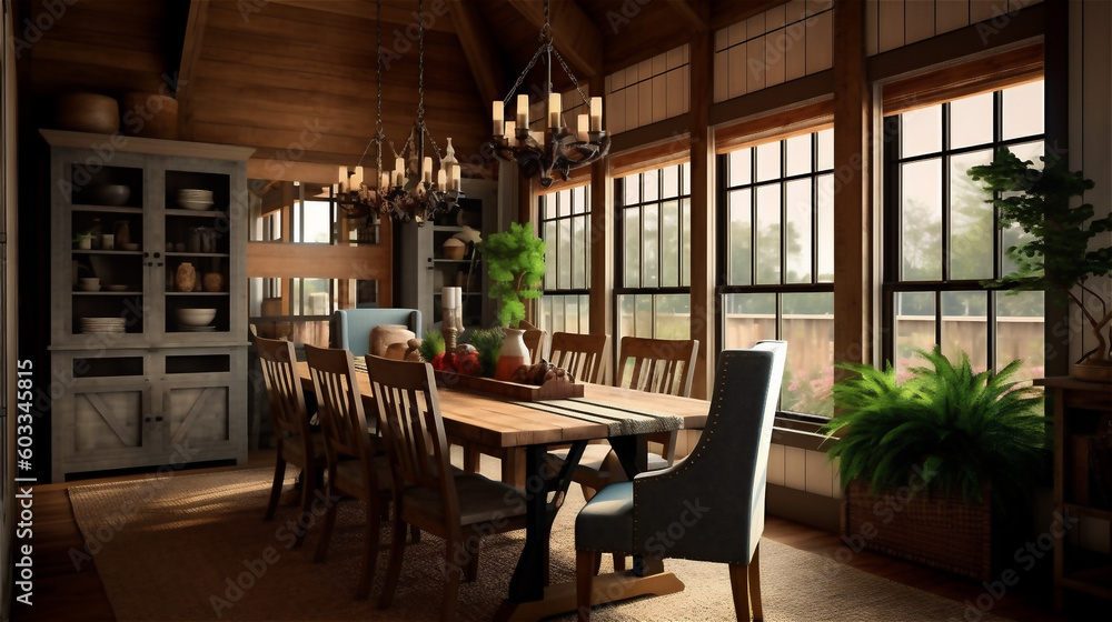 Generative AI, Cozy Modern Farmhouse Dining Room Generative AI, Cozy Modern Farmhouse Dining Room