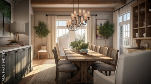 Generative AI, Cozy Modern Farmhouse Dining Room © icehawk33