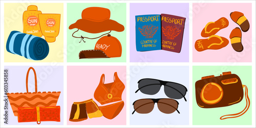 Holiday travel thing about summer vacation stuff to the beach. Flat vector illustration