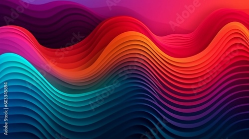 Background of iridescent cyber neon lights and colors, magenta, orange, green. Minimal background illumination geometry with copy space. Generative AI.