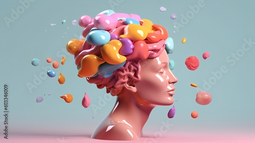 Concept of mental health, featuring an abstract female head with floating colorful elements. Visual metaphor of the complexity and dynamism of mental processes and mental wellness. Generative AI