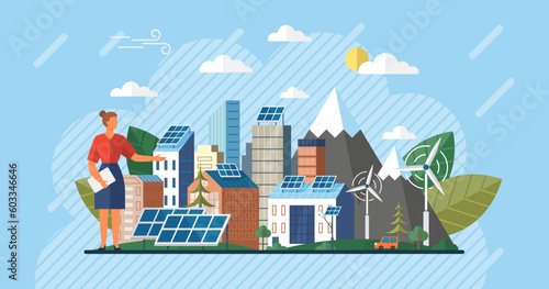 Renewable energy, ecology and green electricity. Modern eco suny panel on roof renewable electricity systems. Windmill and solar panel. Solar panels energy charging. Smart eco city. Green energy