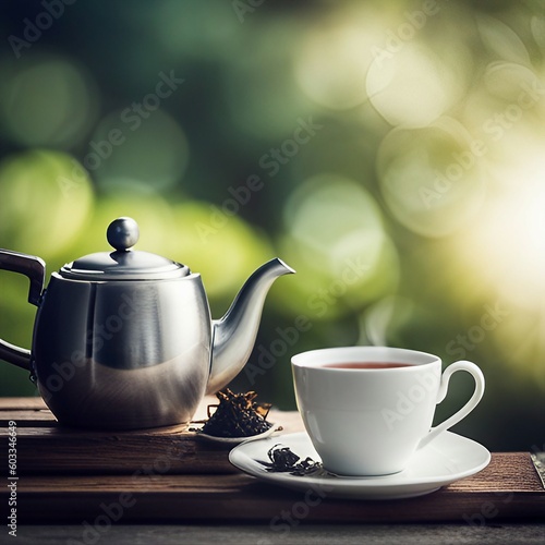 teapot and cup of tea with bokeh background generative AI