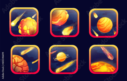 Cartoon space game app icons. Orange planets and asteroids. Videogame interface buttons, computer application vector gui elements. Mobile game ui with fantastic space galaxy objects in outer space