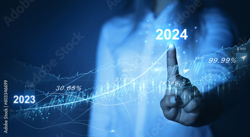 Growth and development chart of company in new year 2024. Planning,opportunity, challenge and business strategy in new year 2024. Development to success and motivation.