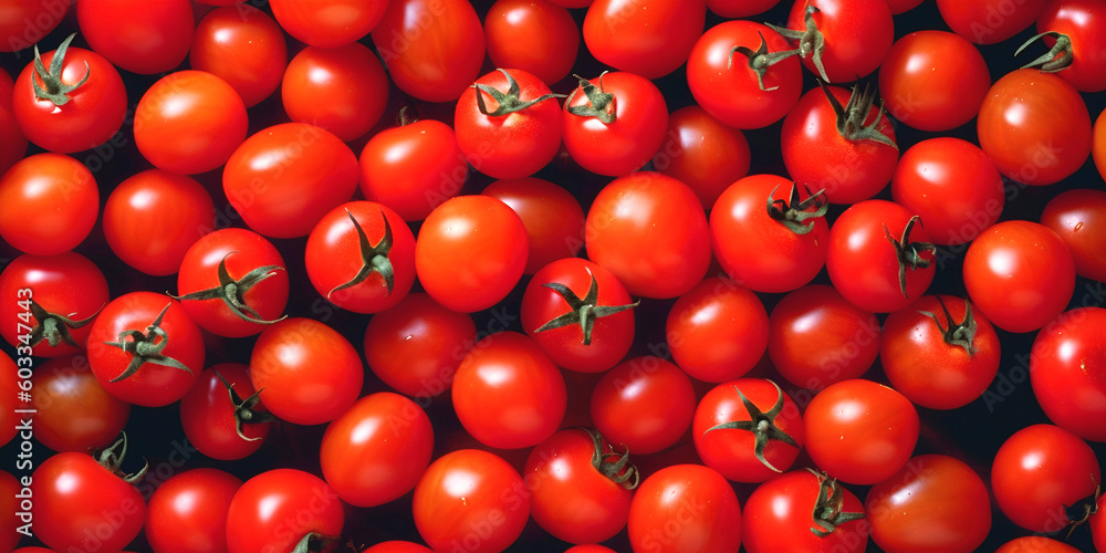 Many cherry red tomatoes flat lay photo. Top close up view vegetable vegan diet. Fresh ration organic ration vitamin source photo Many cherry red tomatoes flat lay photo. Top close up view vegetable vegan diet. Fresh ration organic ration vitamin source photo