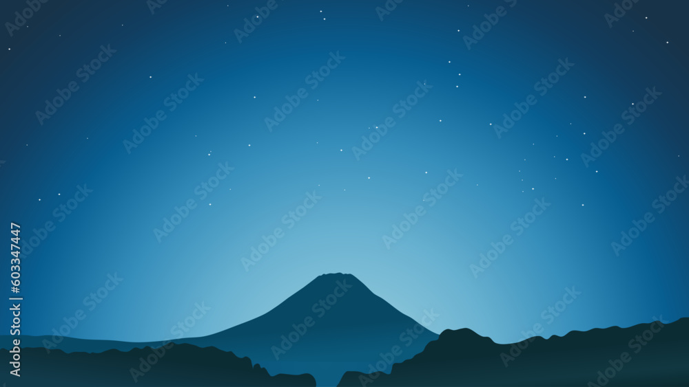 This stunning vector wallpaper captures the beauty of Bali's natural landscape with dark hues, starry night sky, and silhouettes of mountains, trees, and universe. Perfect for art projects and travel 