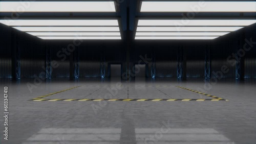 Empty big hall with elevator in the center. Great footage to add some in the middle of the lift plate. High quality 3D rendered 4K video. Matte channel included.