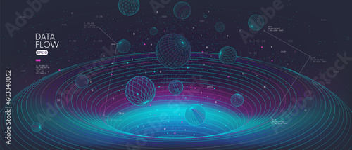 High-speed big data flow, Database tunnel information processing, innovative analytics and statistics of encoded data, cyberspace structural 3d geometric shapes black hole tech vector background