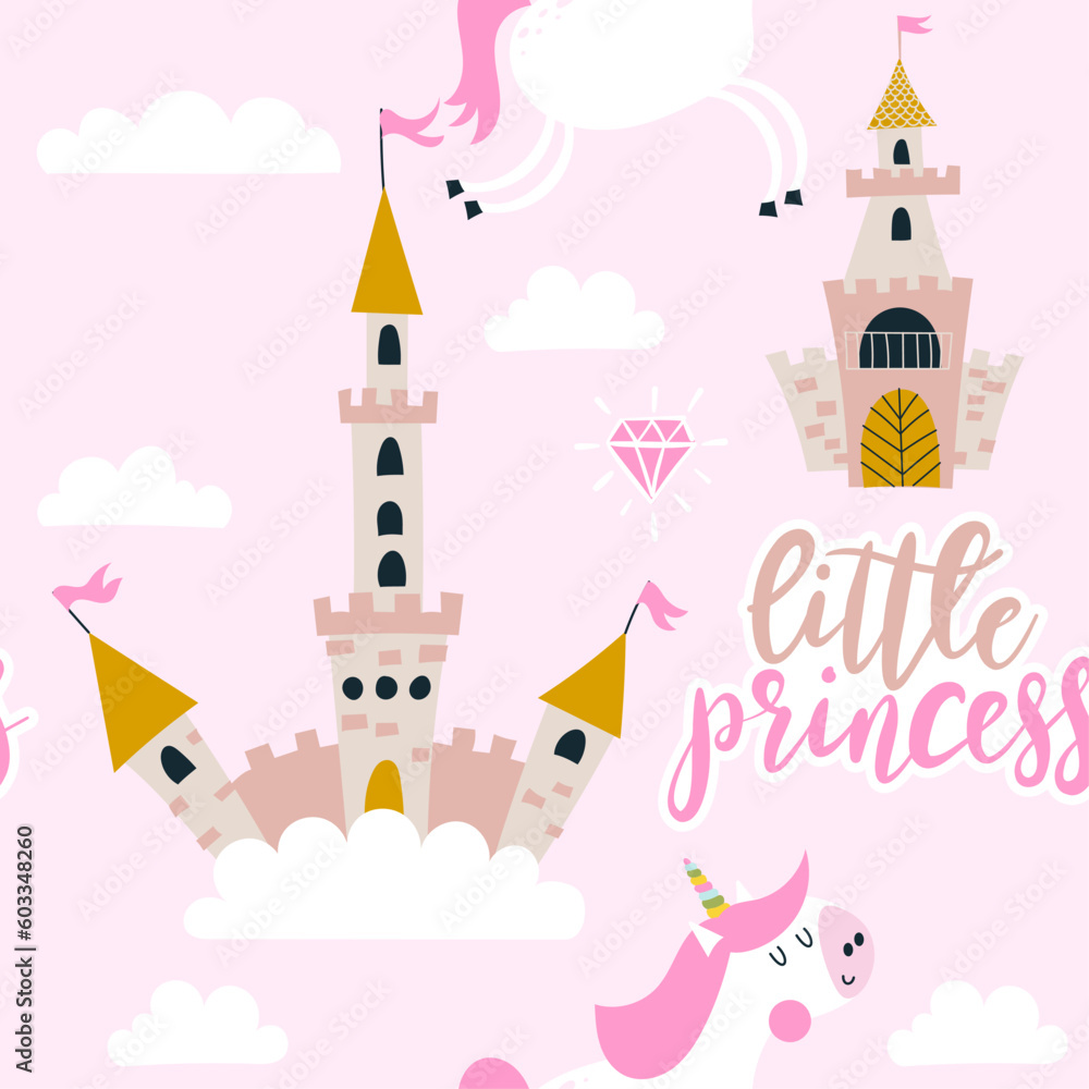 Little princess - funny doodle, seamless pattern. Castle, unicorn, hearts, fashion elements. Cartoon background, texture for bedsheets, pajamas, wrapping papers.