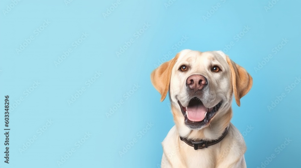 Labrador retriever dog portrait on blue background with copy space.Generative Ai Labrador retriever dog portrait on blue background with copy space.Generative Ai