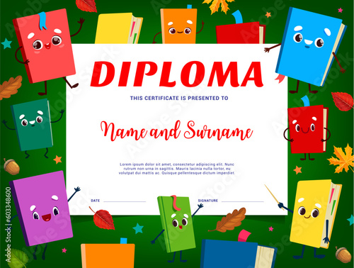 Kids diploma, cartoon cute school textbooks and books, vector education certificate award. Funny student books, notebooks and copybooks on chalkboard for school or kindergarten appreciation diploma