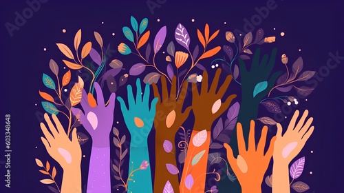 An illustration showcasing a collection of diverse and colorful hands raised up. Unity, participation, diversity, and the power of collective action in our multicultural society. Generative AI