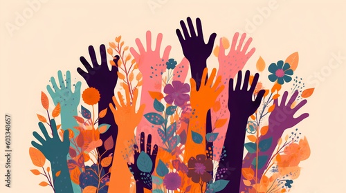 An illustration showcasing a collection of diverse and colorful hands raised up. Unity, participation, diversity, and the power of collective action in our multicultural society. Generative AI