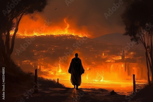 mysterious silhouette against the background of a burning city, Nero burns rome, created by a neural network, Generative AI technology photo