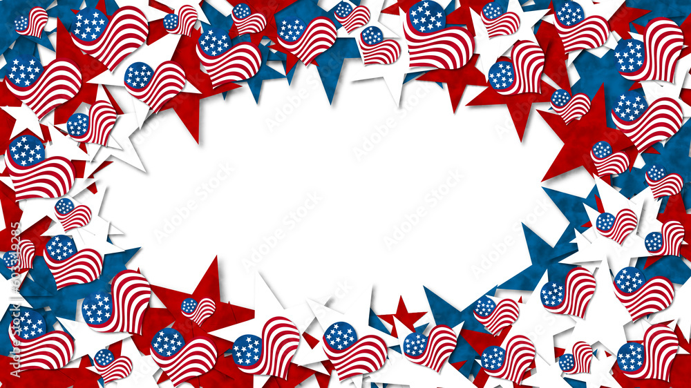 Obraz premium Illustration red, white and blue USA flag hearts and stars background