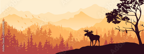 Silhouette of moose on hill. Tree in front  mountains and forest in background. Magical misty landscape. Illustration  horizontal banner.