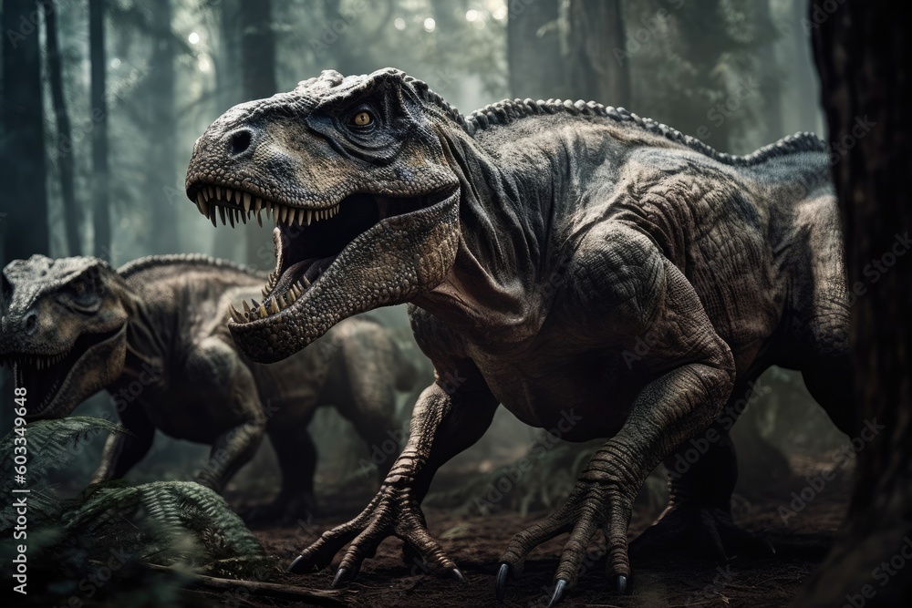 Obraz premium Dinosaurs. The dominant group of land vertebrates in the Mesozoic era. Tyrannosaurus, Stegosaurus, Pterodactyl, Triceratops. Life before our time. Jurassic Period