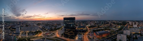 Obraz na płótnie Aerial drone photo of Katowice centre with roundabout and modern office towers at evening. Katowice, Silesia, Poland w salonie