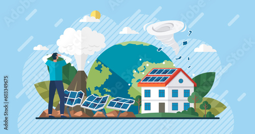 Renewable electric solar power plant station. Modern alternative eco green energy. Destroyed and broken solar panels after a hurricane and a natural disaster. Home after the tornado. Change climate