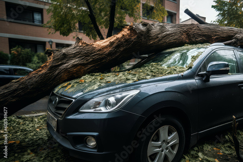 fallen tree trunk on a car after a hurruicane. insurance concept. generative AI
