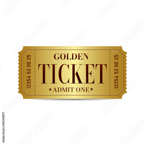 Vector golden ticket template. Cinema, theater,casino, concert, game, party, event, festival gold ticket.Invite ticket for casino club.Vector illustration.