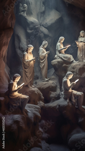 Stone statues with smartphones in ancient cave. Rock sculptures group of people look at mobile phones. Social media overuse. Ai generated