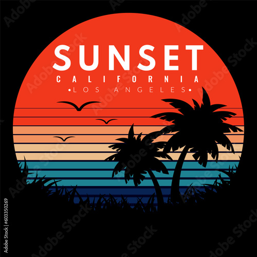 Vintage retro sunset logo badges for t-shirts and other print production. Graphic vector flat design style. California 70s-style concept.
