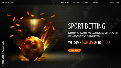 Sports betting, black and gold web banner with champion cup, gold sport balls and falling coins, banner with sport elements