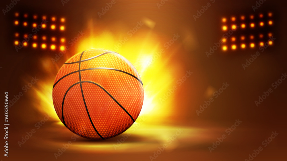 Gold poster with spotlights and basketball ball on blurred background