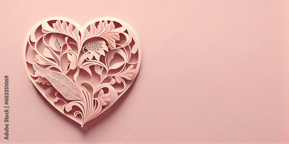 Fototapeta premium Paper three-dimensional white heart with a floral ornament, on a pink background, with free space for any inscription or text. Generative AI