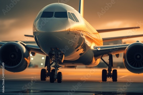 Passenger plane on the runway at sunset. generated by AI Generative AI