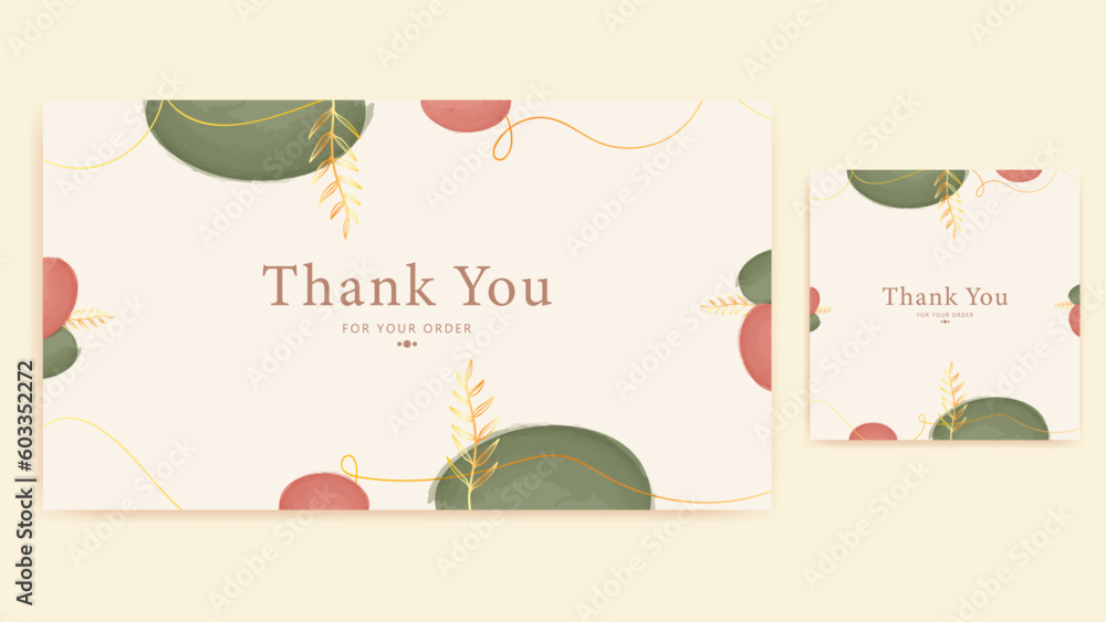 thank you card, greeting card template with abstract shape watercolor and gold floral