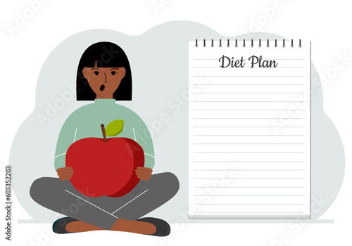 Diet plan illustration. A woman sits cross-legged and holds a large red apple. The concept of diet food, meal planning, nutrition consultation.