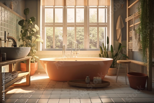 Bring sophistication to your bathroom with a sleek freestanding bathtub and bright tile flooring. AI Generative.