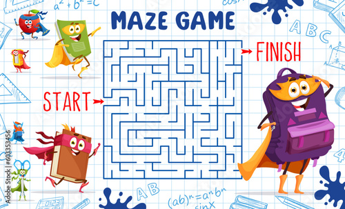 Kids labyrinth maze cartoon stationery superhero characters. Vector board game worksheet with notebook, textbook, rucksack and apple. Sharpener, eraser and scissors educational boardgame personages