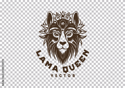 Vector graphic logo. Head of a llama queen in a stylistic crown and an inscription. Emblem or label.