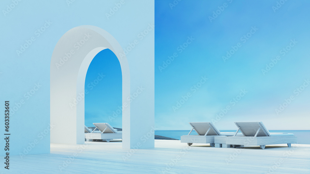 Beach luxury Lounge Terrace on Sea view - Santorini 

island style - 3D rendering