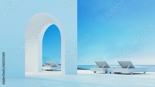 Beach luxury Lounge Terrace on Sea view - Santoriniisland style - 3D rendering