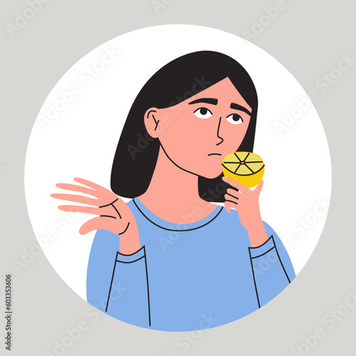 Anosmia. Young women suffering from a loss of smell. Female with health problem. Symptom of sinusitis, coronavirus, flu, cold or different disease. Flat vector medical illustration photo