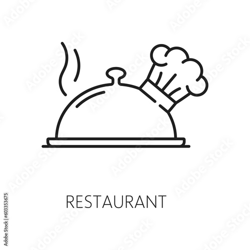 Restaurant food service cloche with chef cook hat isolated thin line icon. Vector gourmet dinner, served restaurant food snack, lunch order in hotel