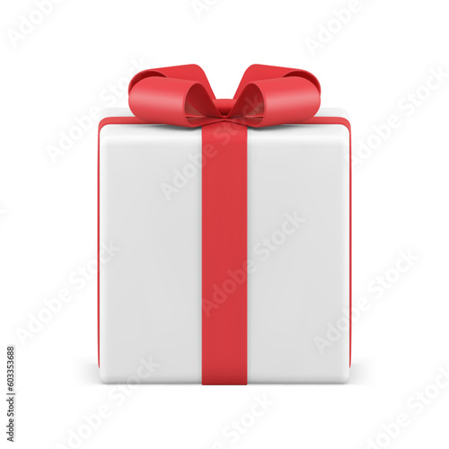 White gift box white with red bow ribbon 3d icon realistic vector illustration.