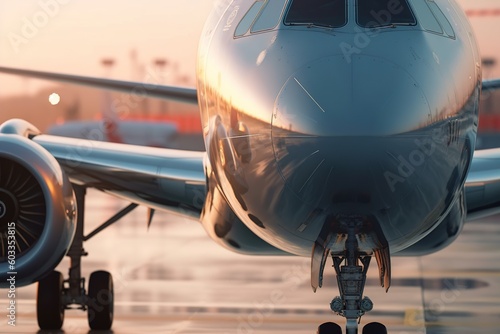 Passenger plane on the runway at sunset. generated by AI