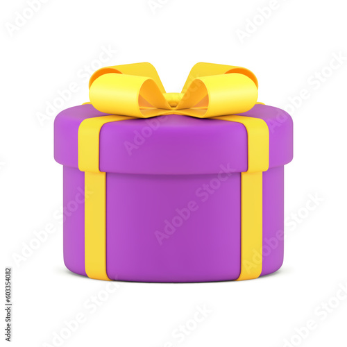 Purple gift box with yellow bow and ribbon cylinder wrapped surprise container 3d object realistic vector illustration