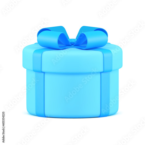 Blue gift box with bow and ribbon cylinder wrapped surprise container 3d object realistic vector illustration
